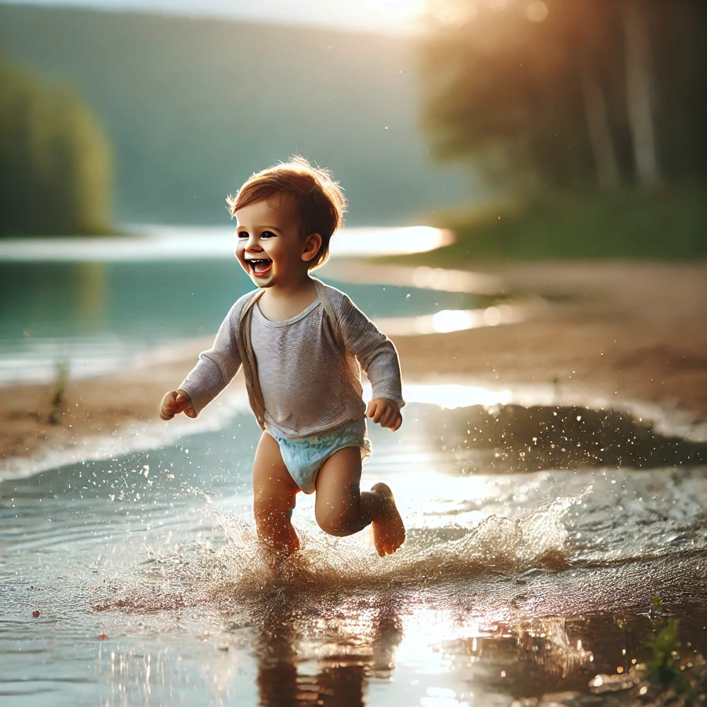 Half-dressed toddler is jumping happily in water outside, during fun family outings