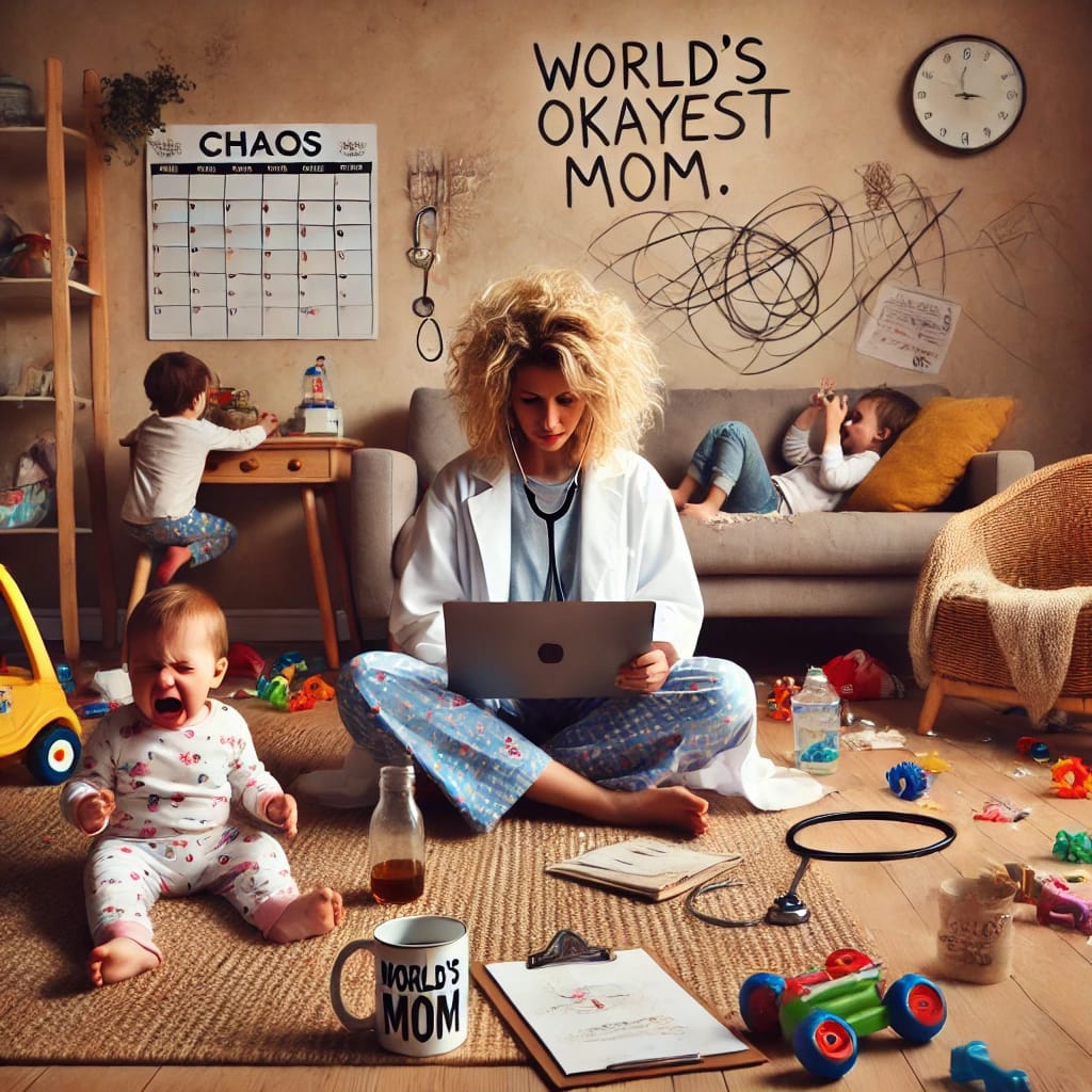 A playful and messy living room with a blonde woman in her 30s sitting cross-legged on the floor, wearing pajamas and a doctor's coat. She holds a laptop in one hand and a sippy cup in the other. A toddler is mid-tantrum nearby, with toys scattered around. A stethoscope rests on the couch, and a coffee mug labeled “World’s Okayest Mom” sits beside her. A chaotic wall calendar is in the background. The scene is warm, relatable, and humorously chaotic.