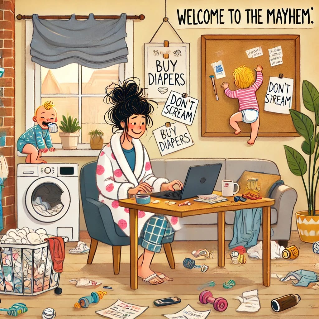 A warm, humorous scene of a messy living room filled with toys, laundry, and scattered snacks. A mom with messy hair in a robe types on a laptop while holding a baby, as a toddler climbs furniture in the background. A cork board behind her has scribbled notes, and a wall sign reads “Welcome to the Mayhem.”