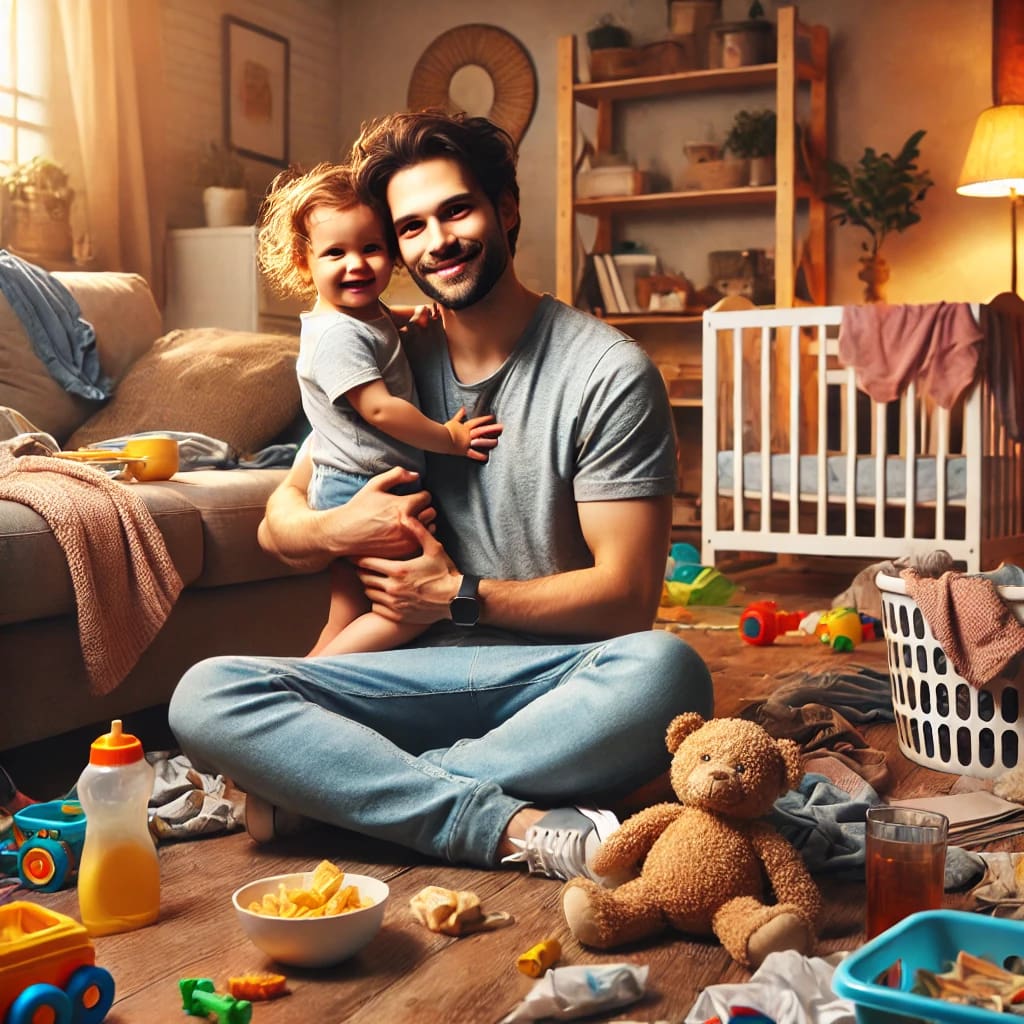 A realistic image of a smiling parent holding their child in a messy living room, surrounded by toys and laundry, illustrating the heart of positive parenting tips in real life.