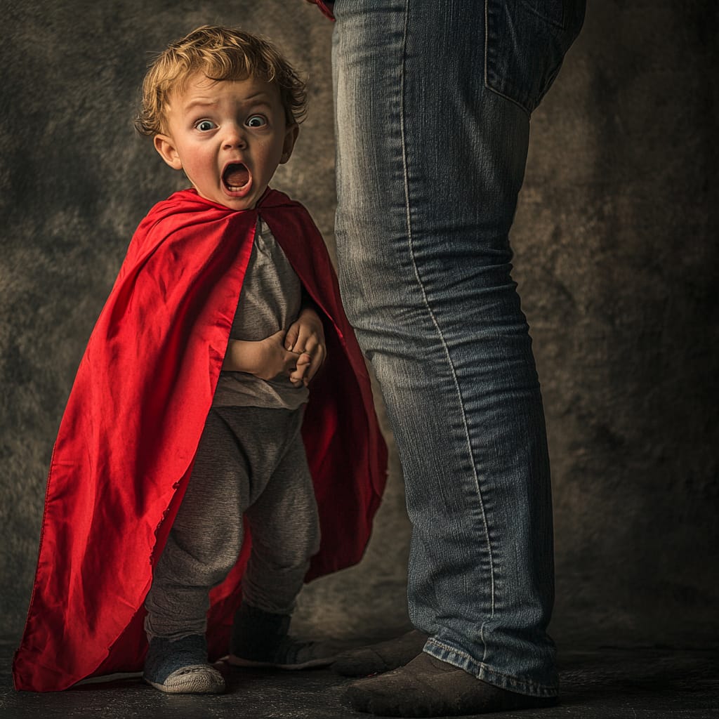 A toddler in a superhero cape biting a shocked adult's leg while the parent hides their face in shame.