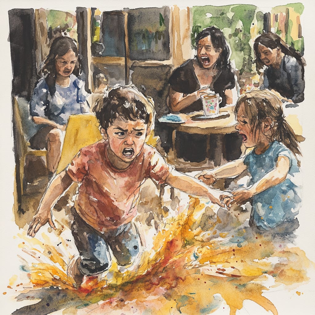 A playgroup circle mid-chaos — a toddler mid-bite on another kid’s arm, while a parent in the background spills lukewarm coffee in panic.
Style: Watercolor disaster.