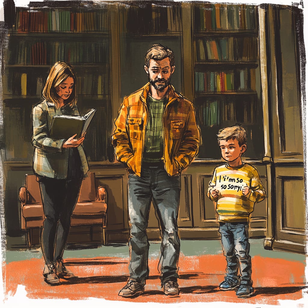A shocked man with a bite mark on his pants at the library while a toddler smirks and the mom whispers “I’m so sorry.”
Tone: Satirical courtroom drama.