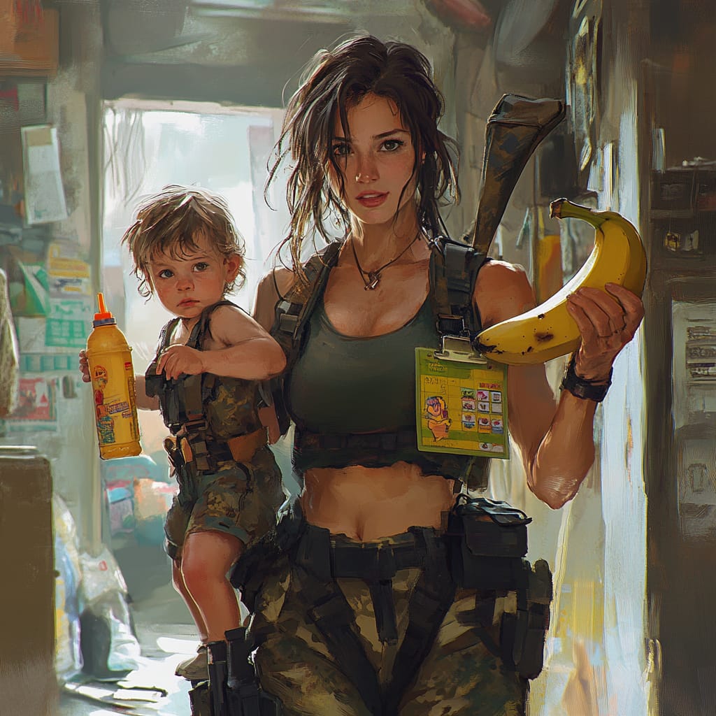 A battle-ready mom holding a banana, a sticker chart, and a juice pouch like weapons. Behind her: a feral toddler.