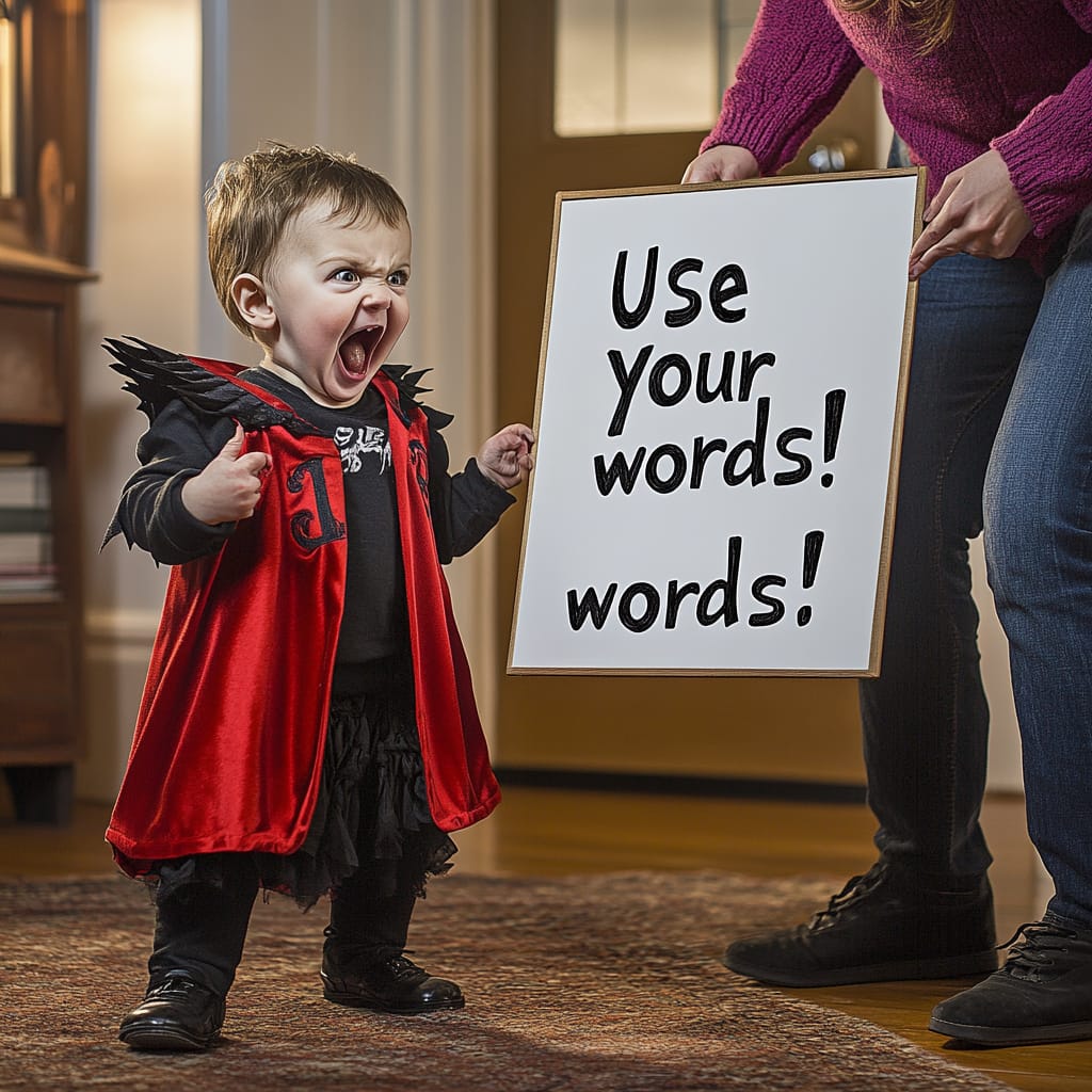 A toddler in a vampire custome, full meltdown mode. the mother is standing next to him, holding a sign that prompts him to use his words instead of toddler biting others tantrum