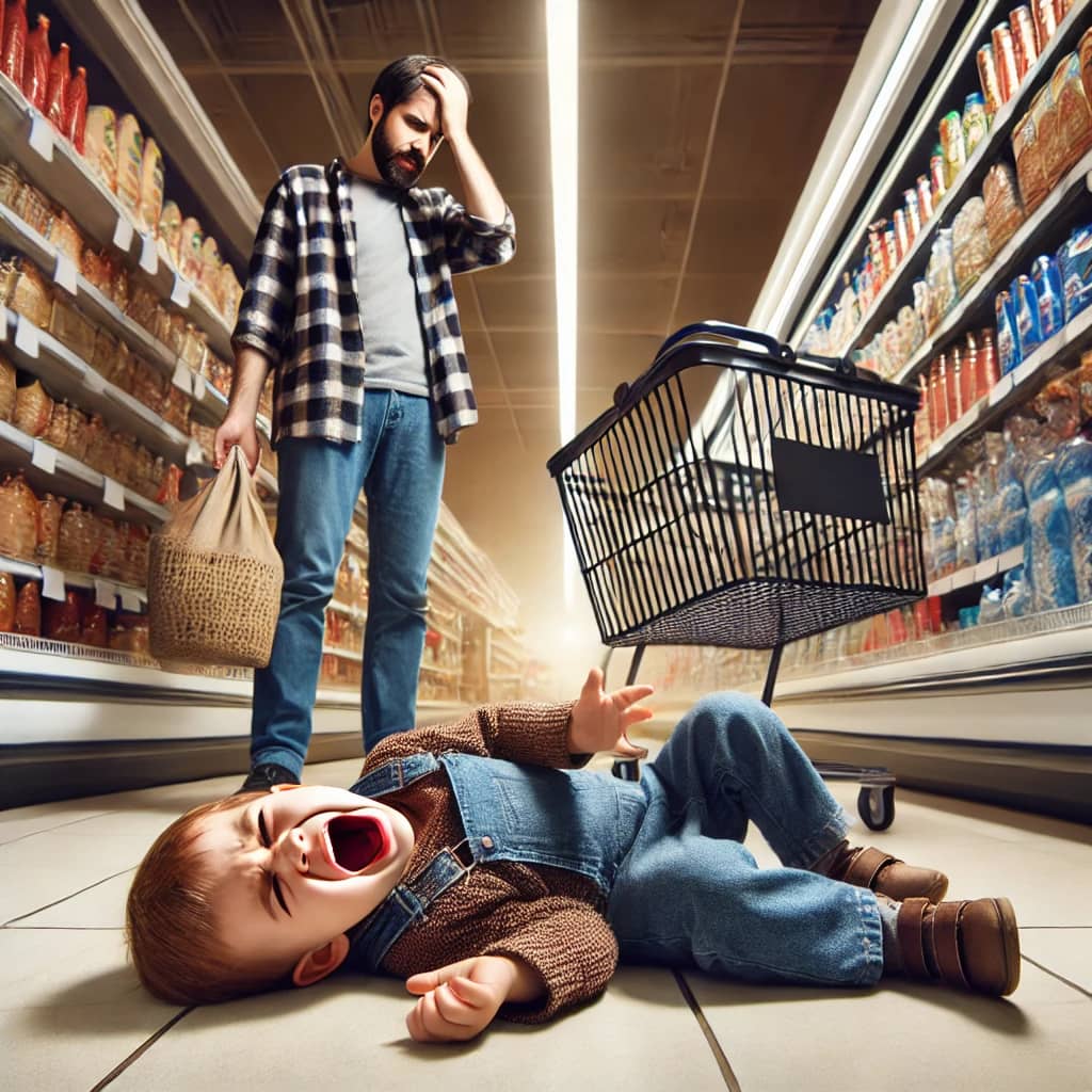 A realistic depiction of a toddler having a public meltdown in a grocery store aisle while the parent stands nearby trying to remain composed — a raw moment of empowered parenting in everyday chaos.