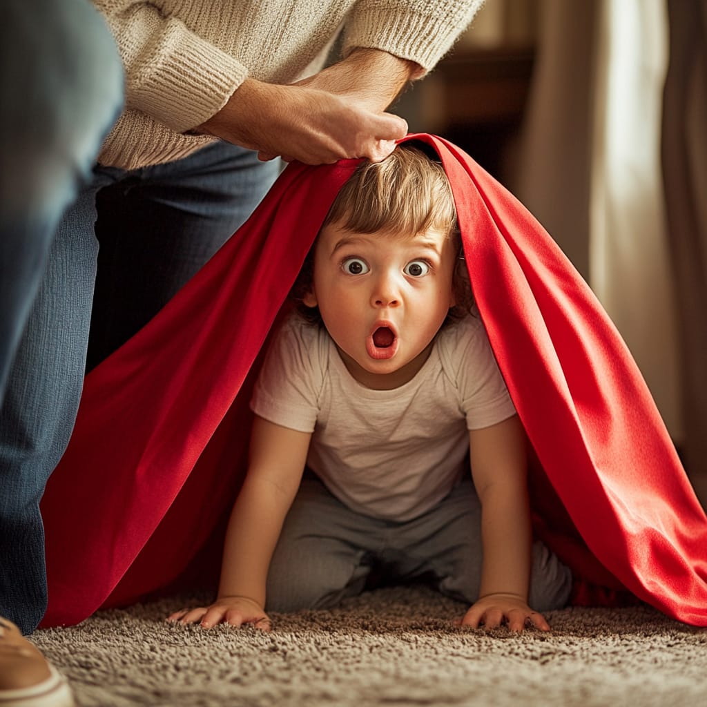 toddler biting others hiding under a red duvet