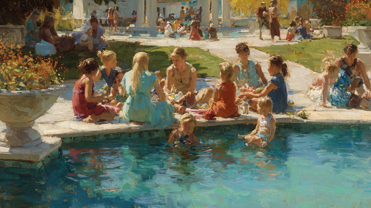 Group of moms gathered around a pool due to playdate or play date