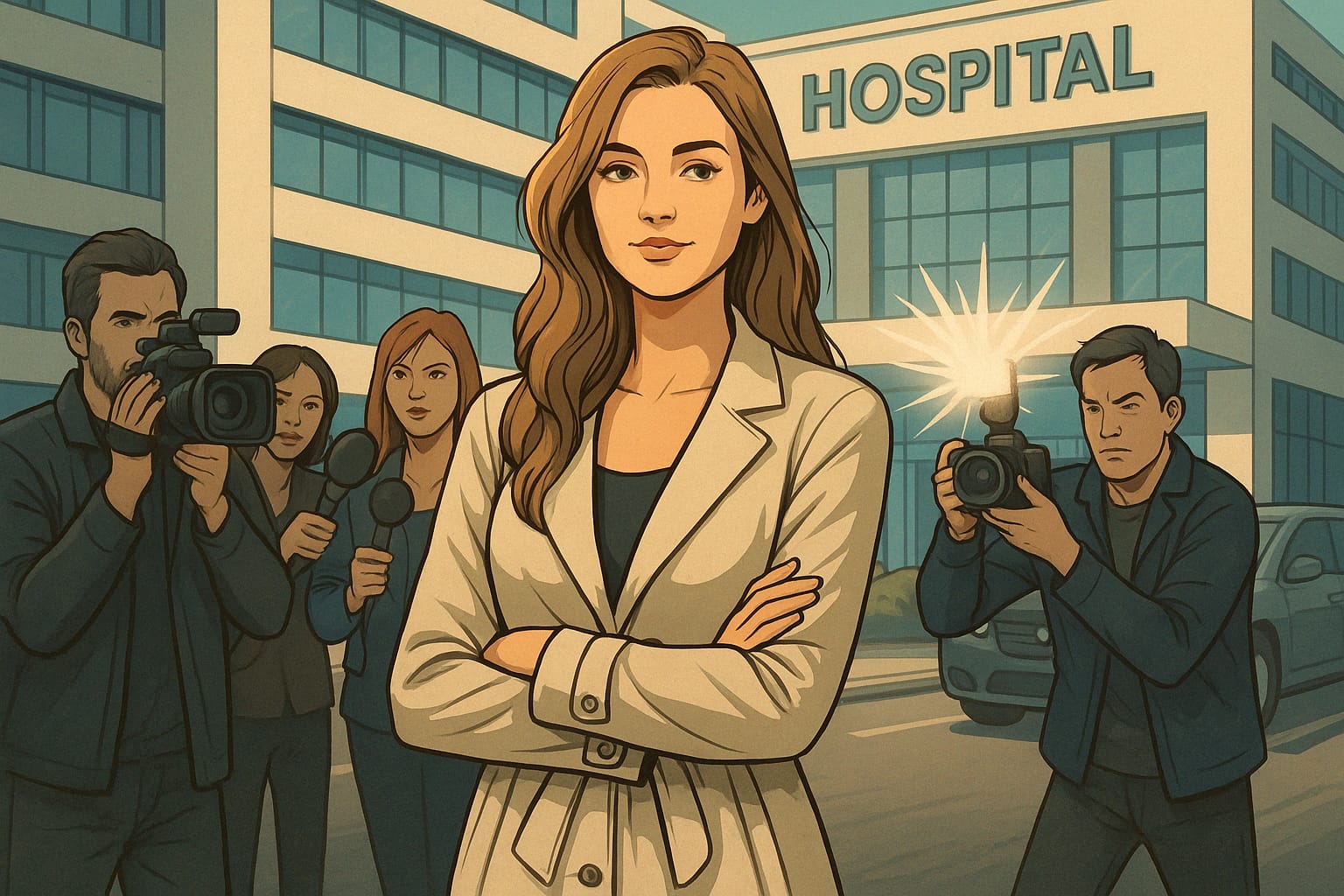 A semi-realistic digital illustration showing a young woman standing in a hospital parking lot, surrounded by flashing cameras and reporters, symbolizing the chaotic aftermath of surviving a morning and learning how to deal with toddler tantrums.