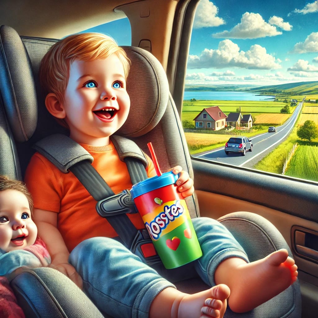 A realistic and vibrant image of a toddler sitting comfortably in a car seat, holding a toy, and looking out the window during a family road trip.
