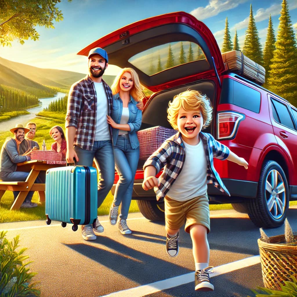 Happy family arriving at their road trip destination, stepping out of the car with joyful expressions, surrounded by scenic nature, capturing the essence of a successful family road trip adventure.