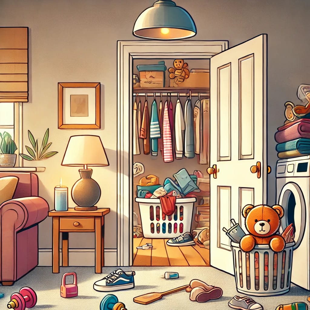 A messy living room during last minute house cleaning, with toys, laundry, and a closet door barely closed on hidden clutter.