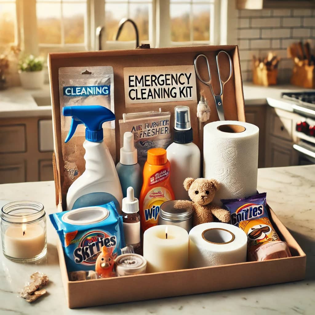 Open emergency cleaning kit on a kitchen counter with wipes, spray, candle, and snacks—surrounded by light household clutter, styled for a parenting humor blog.