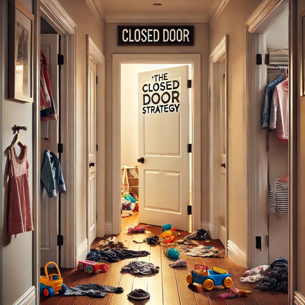 A messy hallway with one door slightly open, revealing clutter spilling out—illustrating the humor of hiding messes during last minute house cleaning.