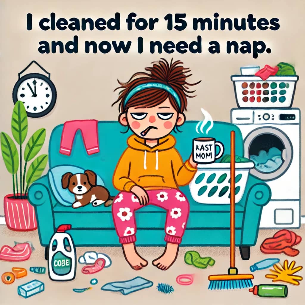 Tired mom with messy hair holding a coffee mug, surrounded by toys and laundry, with the caption “I cleaned for 15 minutes and now I need a nap.”