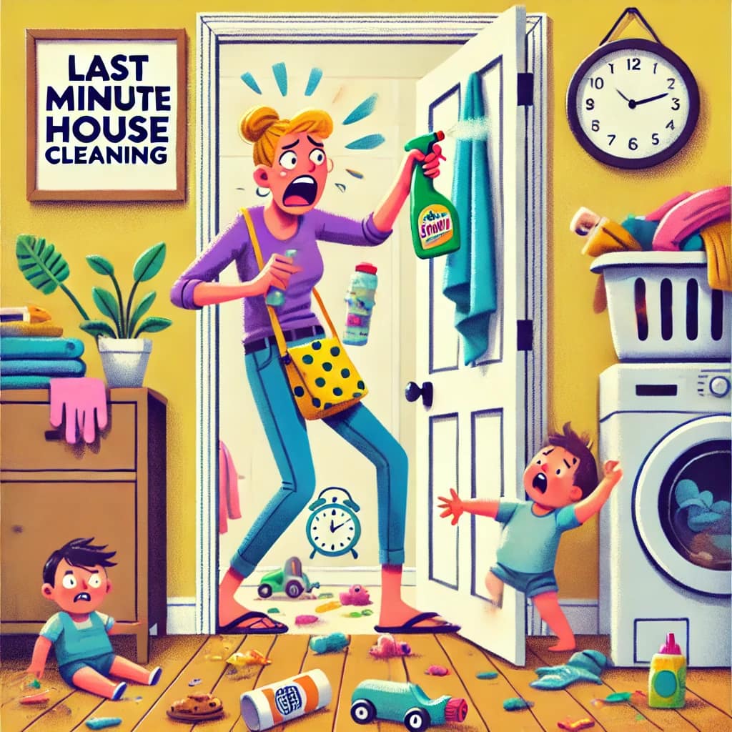 Scared mom of two under two with guests on the way engaged in a fast last minute house cleaning