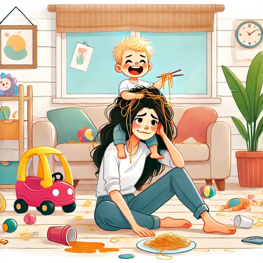 A cartoon-style illustration of a young mother sitting in a messy living room with spaghetti in her hair, toys scattered around, a toddler climbing on her back, and a spilled juice box nearby. She looks exhausted but is laughing.
