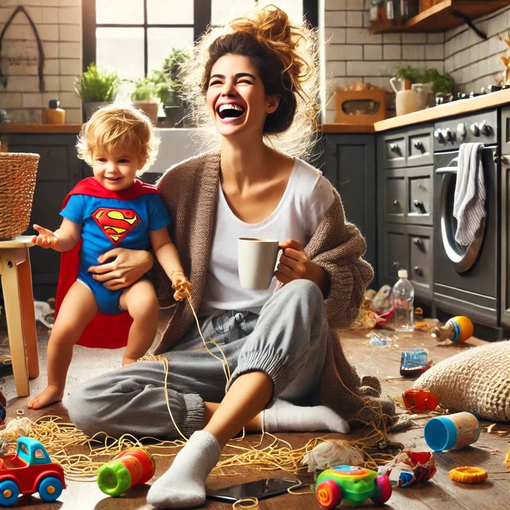 A realistic photo of a young mother in her early 30s sitting on the kitchen floor, laughing while holding a toddler in one arm. The kitchen is messy, with toys scattered, snacks spilled, and a pile of laundry nearby. The mother has spaghetti in her hair, is wearing mismatched socks, and holds a coffee cup. The toddler wears a superhero cape and holds a toy phone. The scene is chaotic yet joyful, representing the humor and reality of parenting.