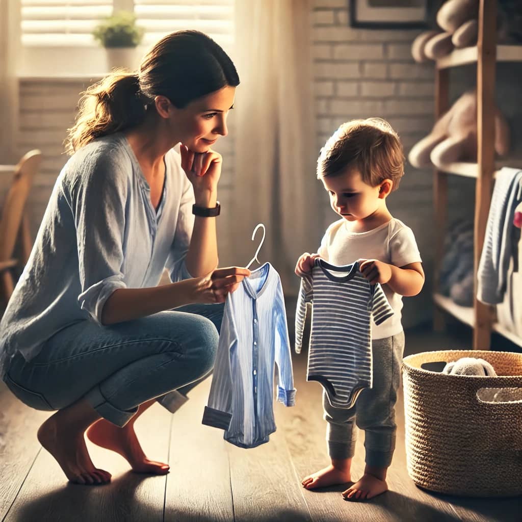 A realistic photo of a parent crouching in front of a toddler, offering two pajama options in a cozy, slightly messy room. This visual illustrates positive parenting tips in action by showing how giving limited choices can reduce power struggles and build cooperation.