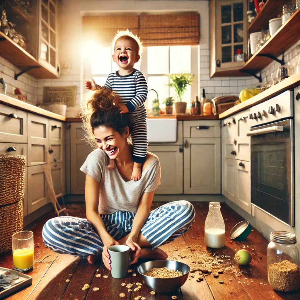 A realistic photo of a tired young mom sitting on a messy kitchen floor, laughing while her toddler climbs on her back. This image captures the humor and chaos that real-life positive parenting tips are designed to support.