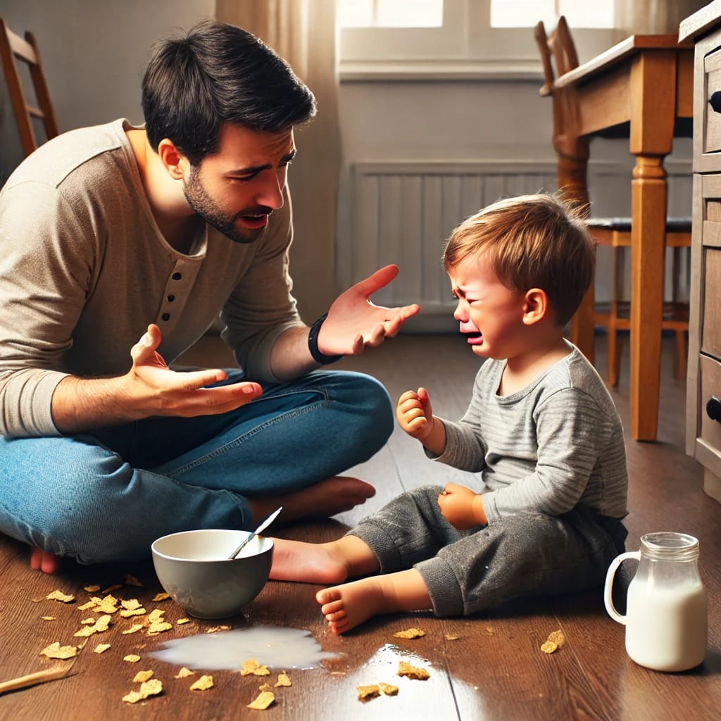 A realistic photo of a parent calmly talking to a crying toddler who spilled cereal, illustrating positive parenting tips by showing how to narrate a situation instead of lecturing.