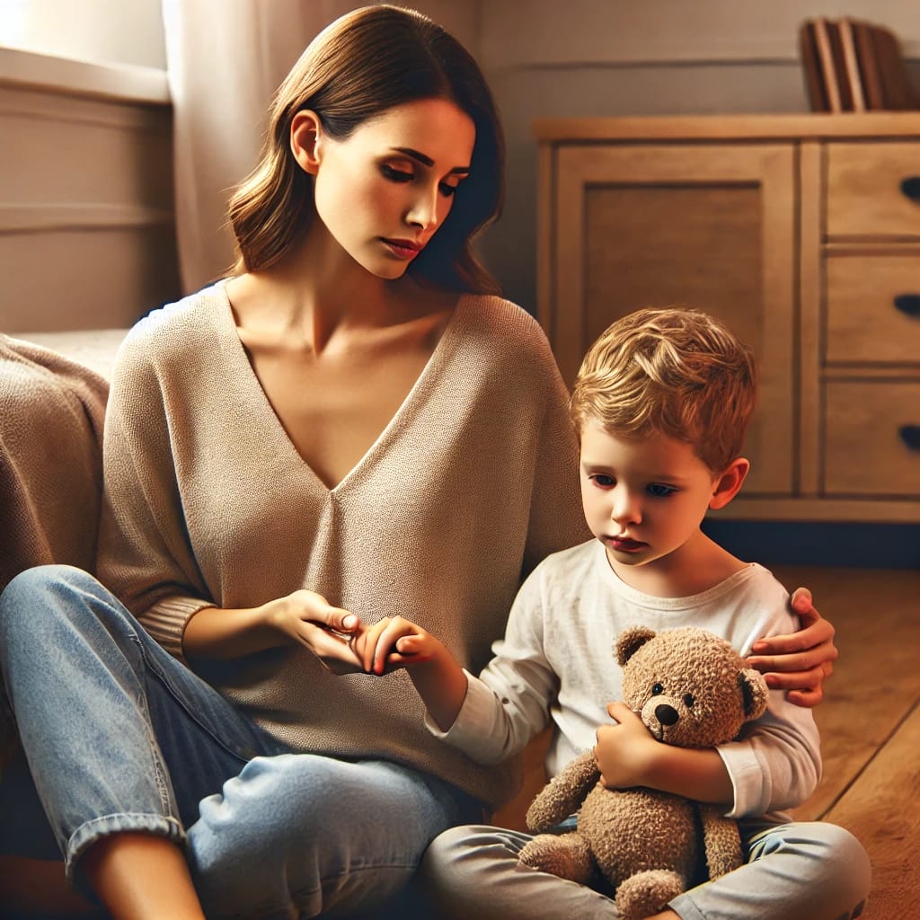 A realistic photo of a mom gently reconnecting with her child after a tough moment, showing positive parenting tips in action by modeling forgiveness and emotional repair.