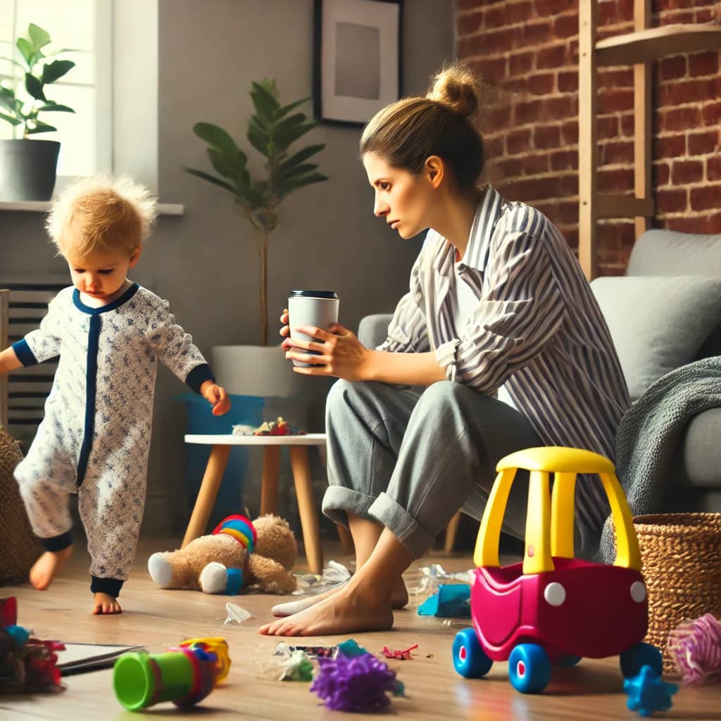 “A tired but loving mom sitting on the floor of a messy living room, holding cold coffee, while her toddler dances nearby in pajamas — capturing the beautiful chaos of real-life parenting.