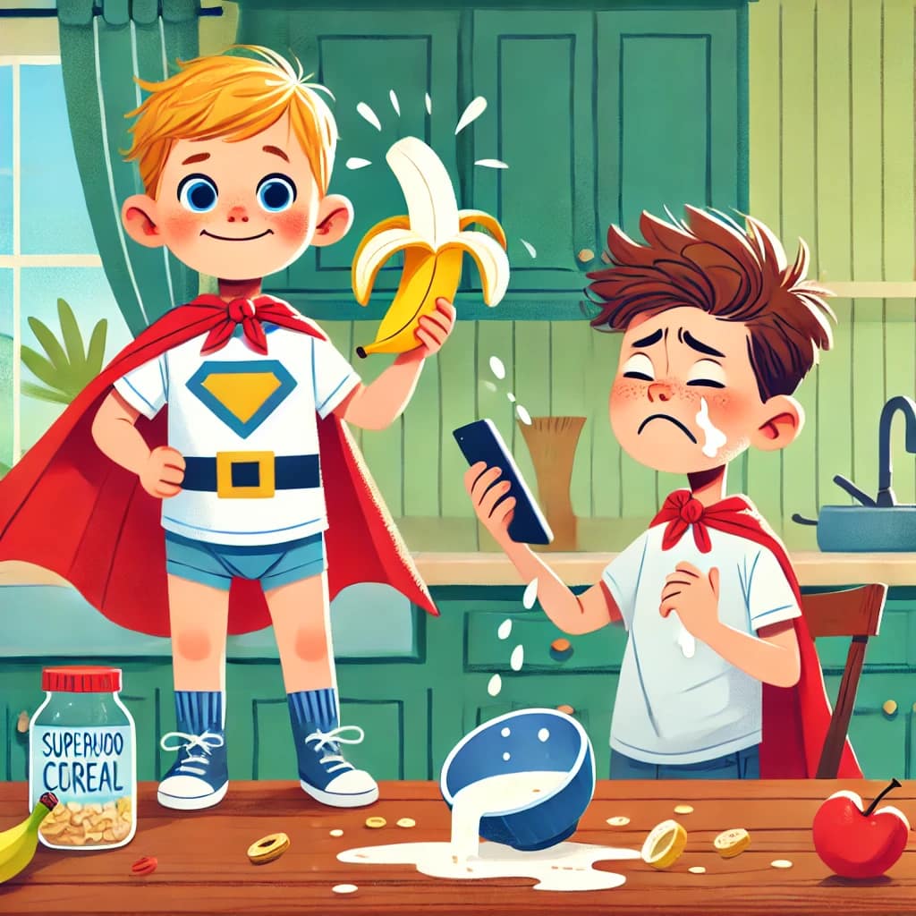 A playful cartoon of a toddler in a superhero cape standing on a kitchen table, holding a banana like a phone, with a bewildered parent nearby — a humorous take on parenting chaos.