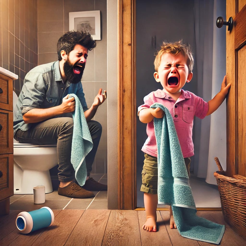 A realistic moment of empowered parenting, showing a toddler crying dramatically over the wrong towel color while a tired parent holds the correct one — capturing the emotional rollercoaster of real-life parenting.