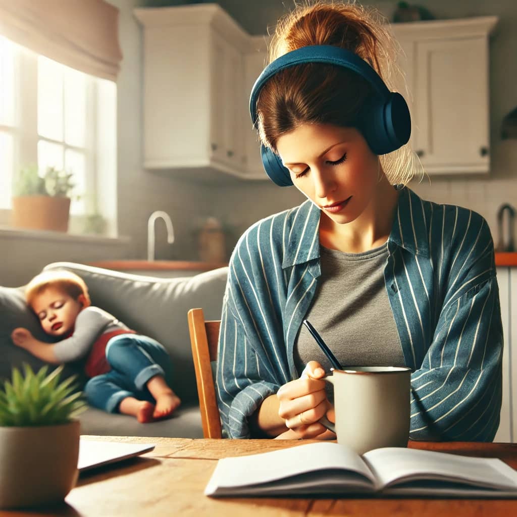 A realistic scene of empowered parenting, showing a mom peacefully enjoying coffee with headphones on while her toddler sleeps in the background — symbolizing the importance of choosing yourself too.