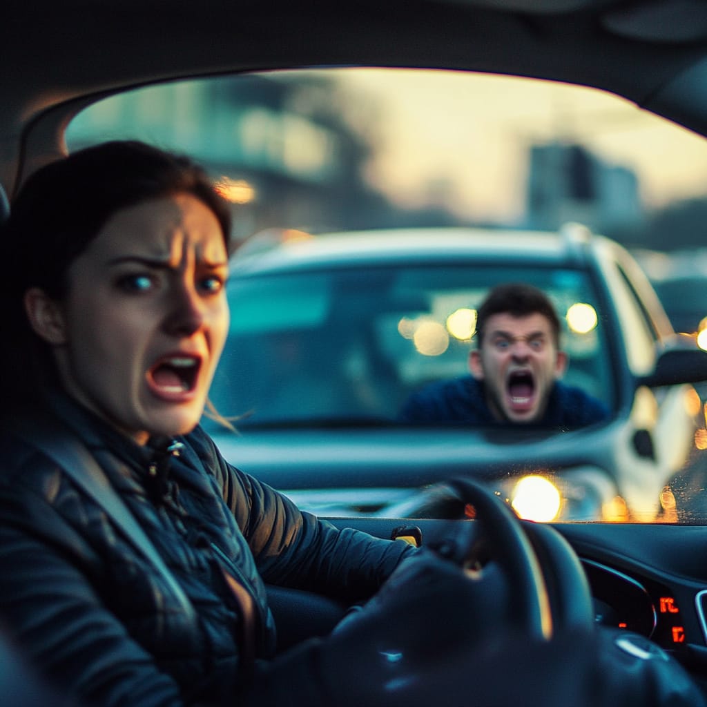 Heated scene at an intersection between two car's drivers.