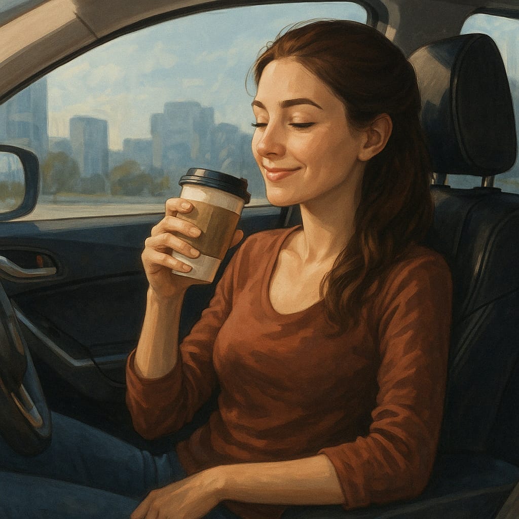 A semi-realistic digital painting of a young woman sitting calmly in the driver's seat of her SUV, sipping coffee with a subtle smile, symbolizing peace and victory after surviving a chaotic morning.