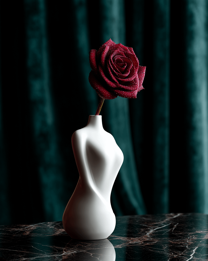 White vase with rose on marble