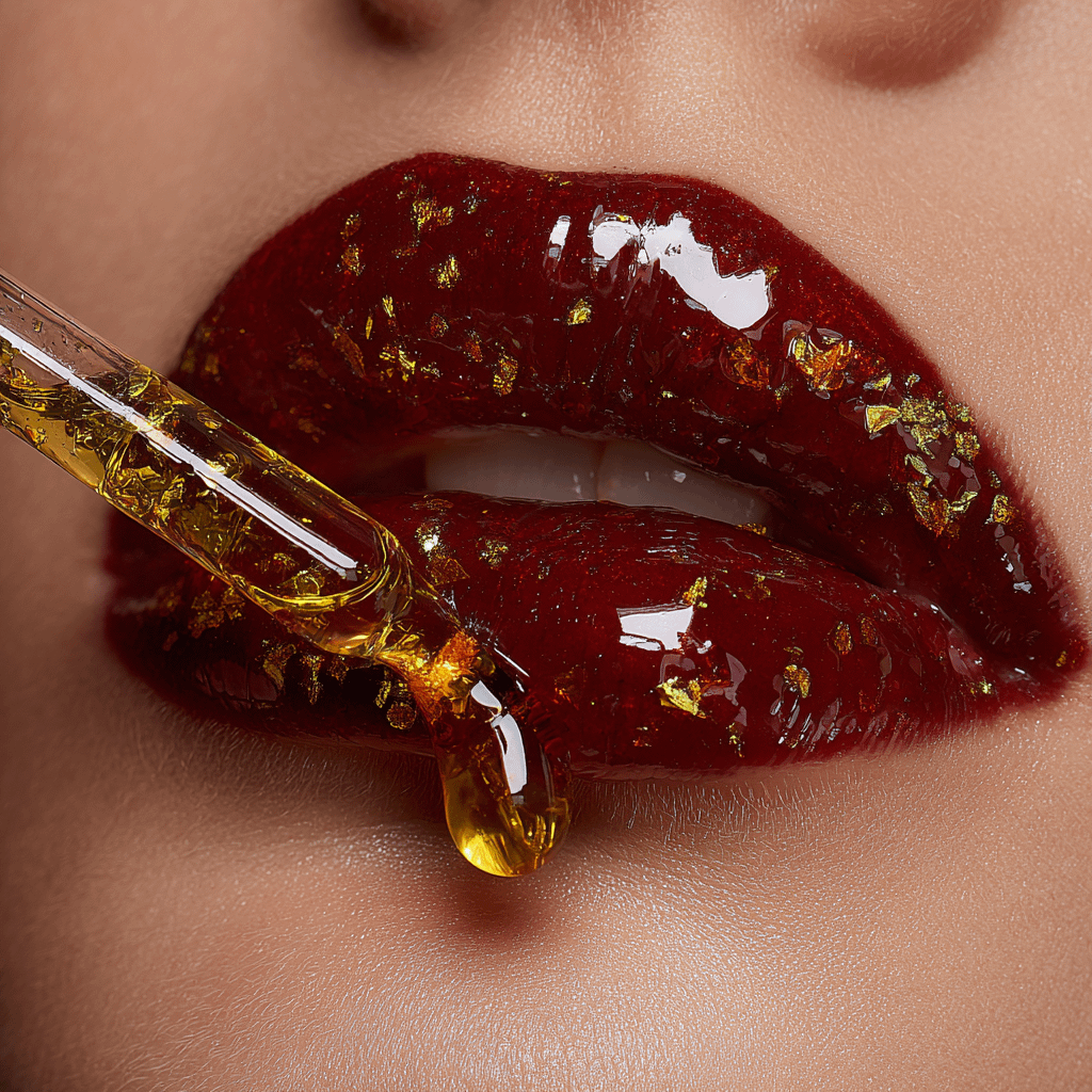 Glossy lips with gold flakes
