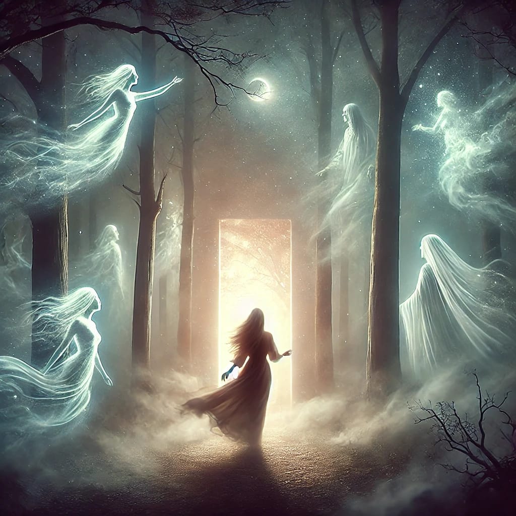 A mystical dreamscape of a woman in a foggy, moonlit forest, surrounded by ethereal figures from past lives, symbolizing the journey through past life dreams.