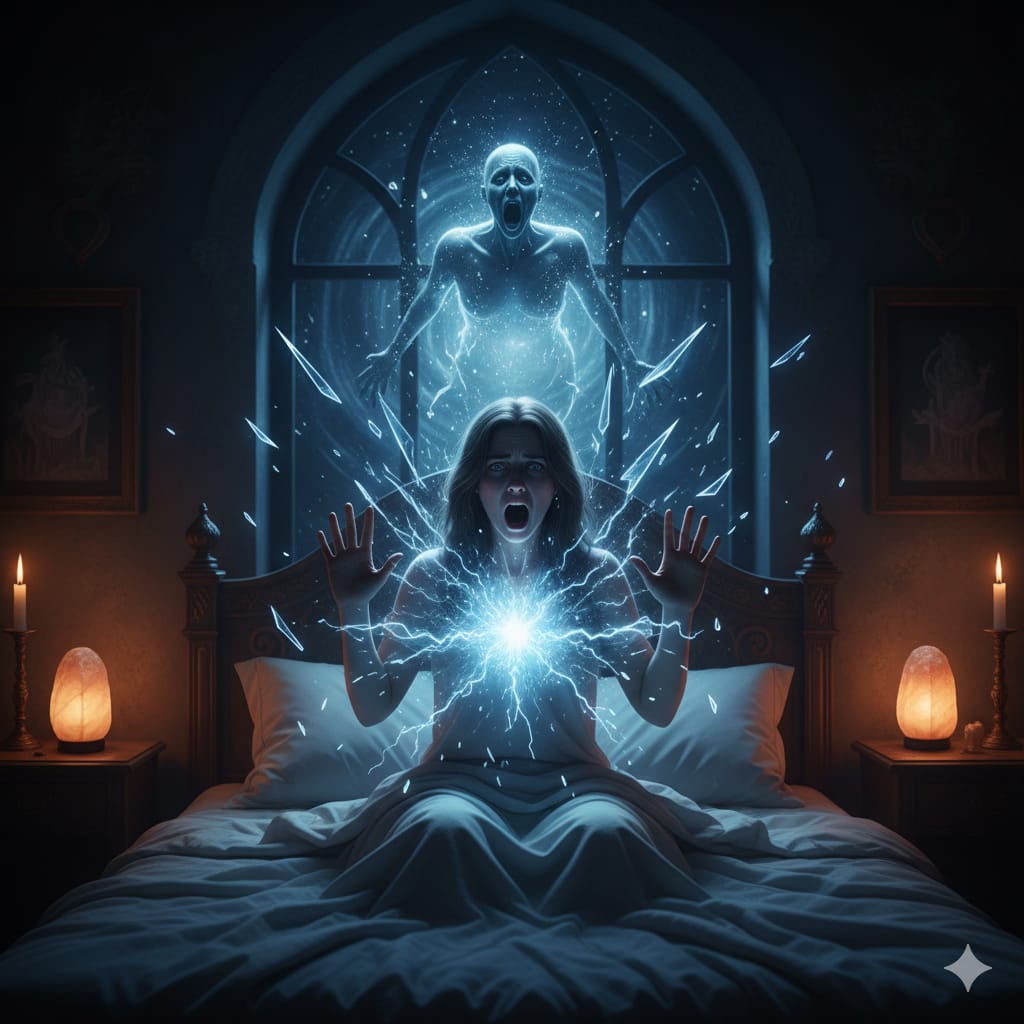 woman jolting awake in a dark, gothic bedroom, her chest glowing with a bright burst of blue energy as an ethereal, screaming shadow looms behind her. This visualizes the intense mystery of why do i wake up screaming in my sleep.