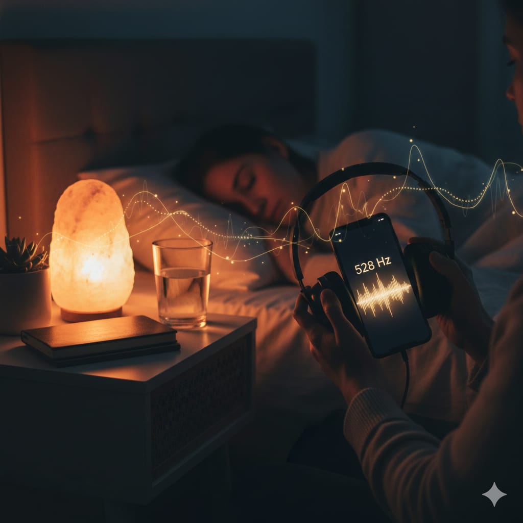 A serene nighttime scene with a sleeping person in the background. In the foreground, hands hold a smartphone displaying "528 Hz" and a sound wave, with golden frequency waves extending towards the bed, symbolizing sound therapy for those who "wake up screaming in my sleep."