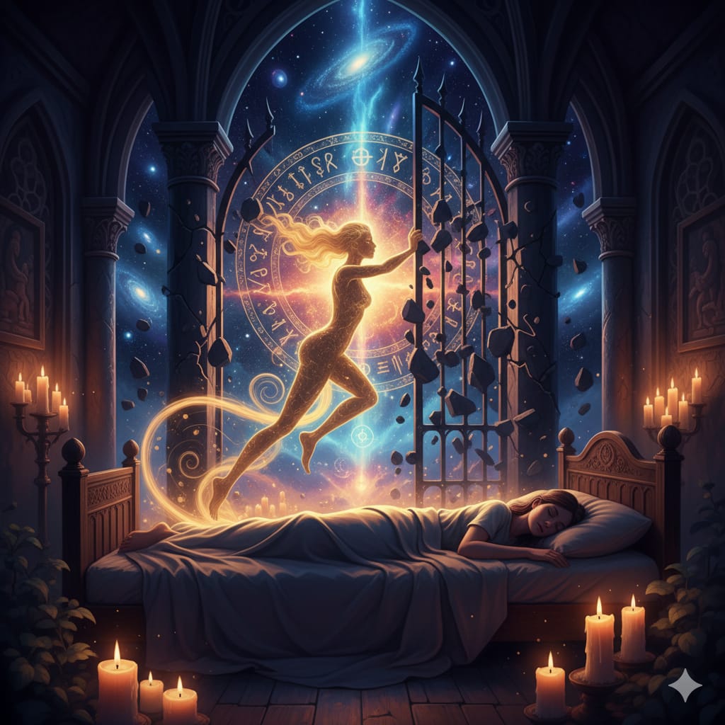 A mystical bedroom scene. A sleeping figure lies on a bed, while above them, a glowing, ethereal silhouette of a person breaks free from a crumbling, ancient gate towards a starry galaxy, symbolizing a spiritual breakthrough when "why do i wake up screaming in my sleep" occurs.