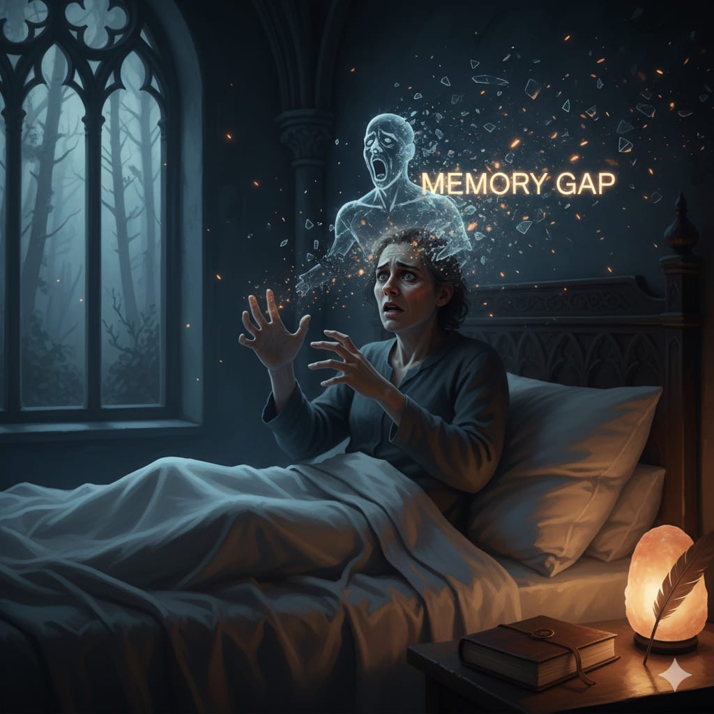A person sits up in bed in a state of confusion and fear, with shattered glass or memory fragments dissolving above their head, and the words "MEMORY GAP" floating in the air. This visually represents the disorientation of "why do i wake up screaming in my sleep" without remembering the dream.