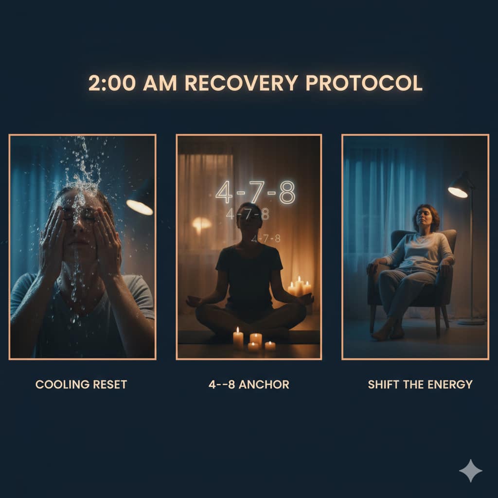 A visual checklist showing three steps for post-scream recovery: a person splashing water on their face ("Cooling Reset"), a person meditating with "4-7-8" breathing numbers ("4-7-8 Anchor"), and a person sitting calmly in a different room ("Shift the Energy"). This provides practical help for "why do i wake up screaming in my sleep."