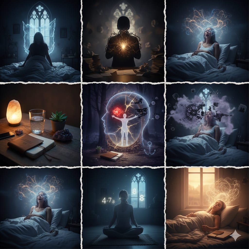 A dramatic, gothic-inspired bedroom scene with a person jolting awake in bed, illuminated by a flash of blue light or energy, conveying the terror of "why do i wake up screaming in my sleep." The atmosphere is dark and mysterious.