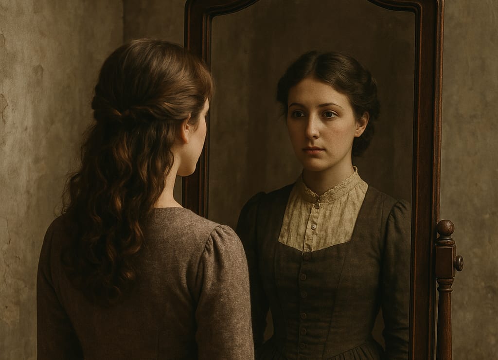 A young woman in modern clothing stands before an antique mirror, where her reflection appears dressed in Victorian-era attire. The scene is softly lit, evoking a surreal and vintage atmosphere suggestive of past life dreams.