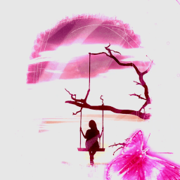 A woman in a swing surrounded by surreal images of butterflies. Symbolism of past life dreams.