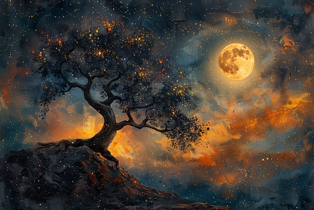 a magical tree on a hill with a full moon in the sky