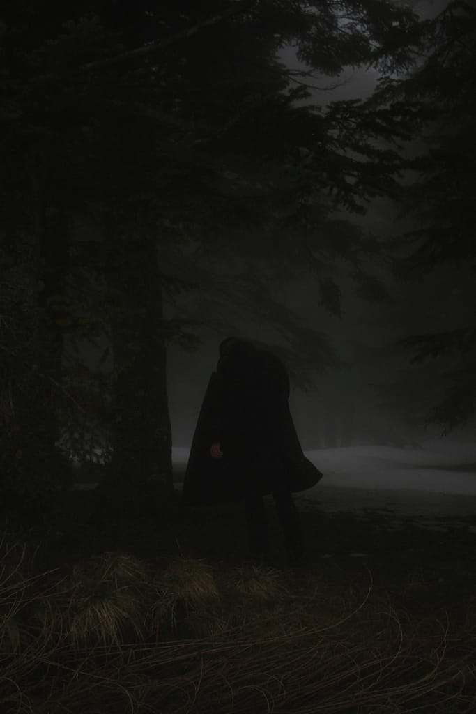 A shadowy figure walking through a misty forest at night, symbolizing introspection, mystery, and questions about is lucid dreaming a sin.