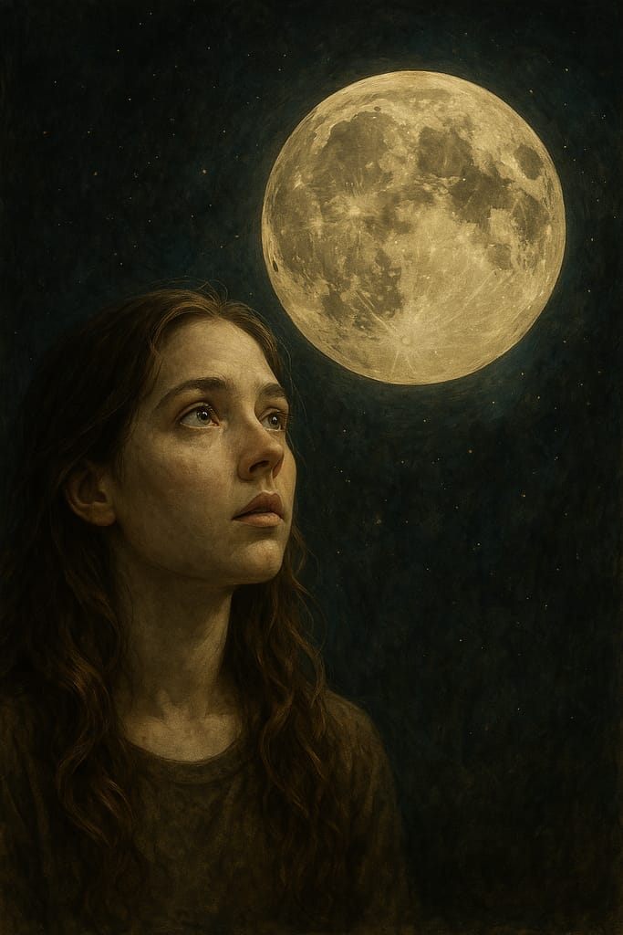 A young woman gazes at a glowing full moon under a dark, starry sky. The moonlight softly illuminates her face, creating a serene and mystical atmosphere.