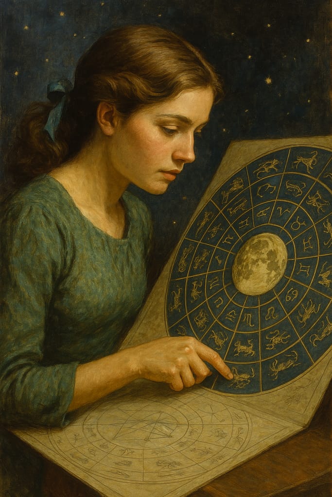 A young woman studies an intricate astrological chart in a dimly lit room, surrounded by deep blue stars and golden celestial symbols, evoking a mystical and introspective atmosphere.