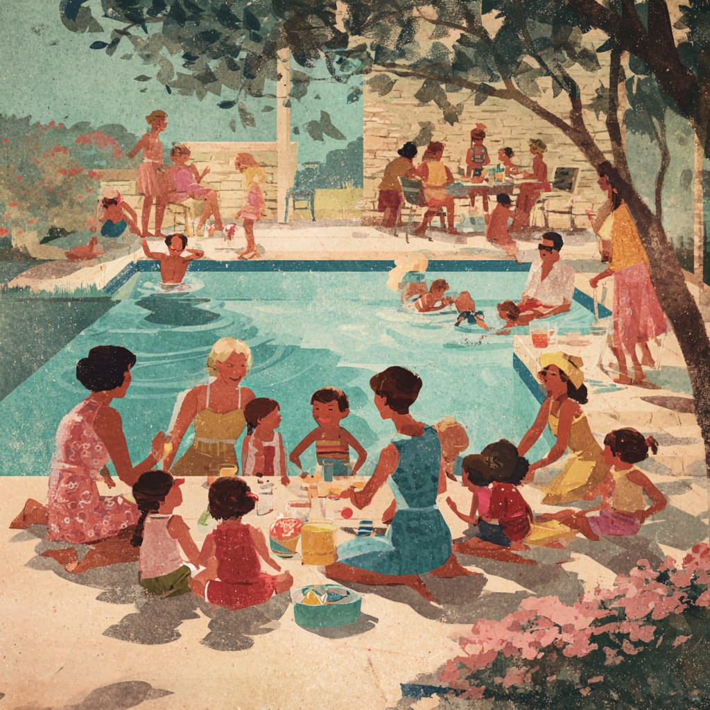 Picnic around a pool with moms and kids.