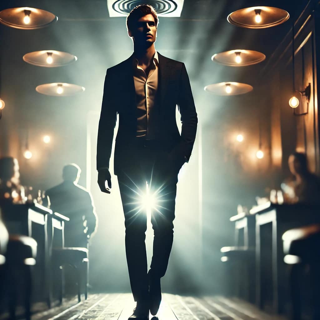 A confident person walking into a dimly lit room, standing tall with a relaxed and magnetic presence. The blurred background emphasizes their allure, creating an air of mystery and attraction, due to psychology of attraction