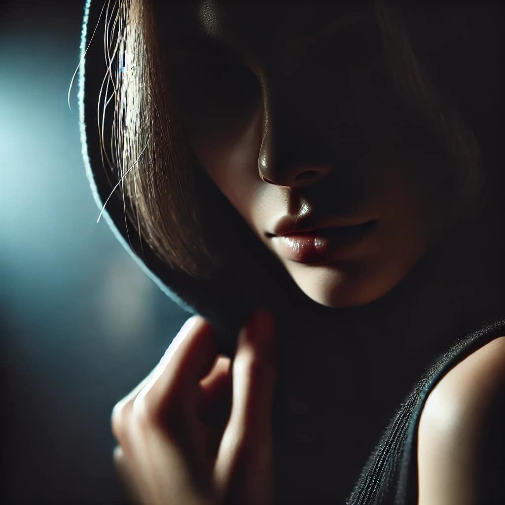A mysterious figure partially hidden in the shadows, their expression unreadable. The moody lighting and blurred background create an air of secrecy and unpredictability, evoking intrigue and allure.